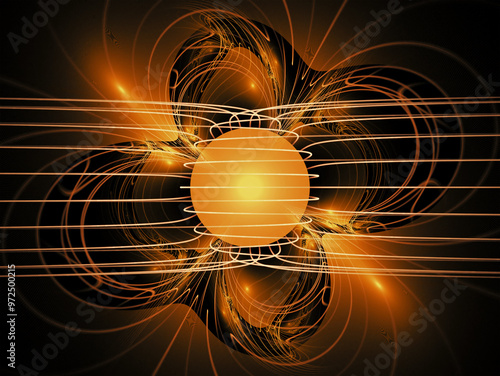 Sphere of light surrounded by rays in a strange dark background. Psychedelic abstract image, mysterious glowing ball and bright coils