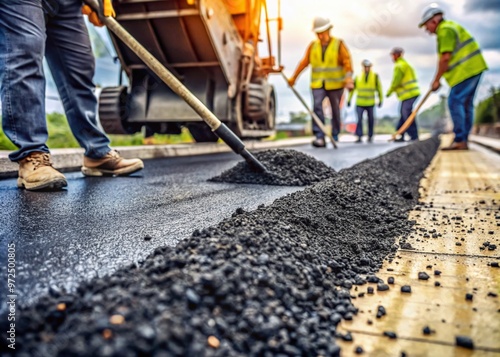 Close-up of discrete fibers being mixed with asphalt for road construction, enhancing durability and resistance to