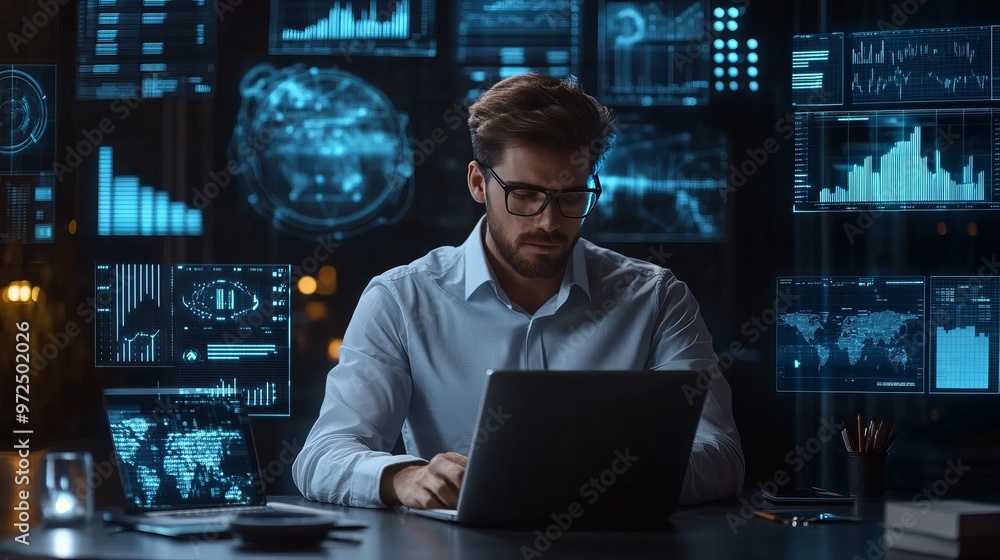 Man working on laptop in front of digital interface with charts and world map. Man working on laptop in front of digital interface with charts and world map.