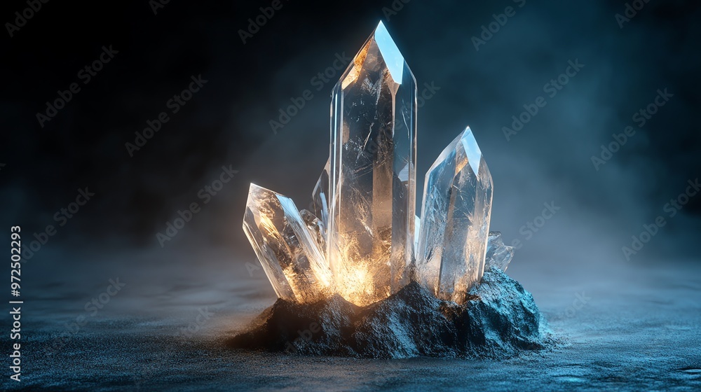 Obraz premium A cluster of large, clear quartz crystals sits atop a rock, glowing with an ethereal light.