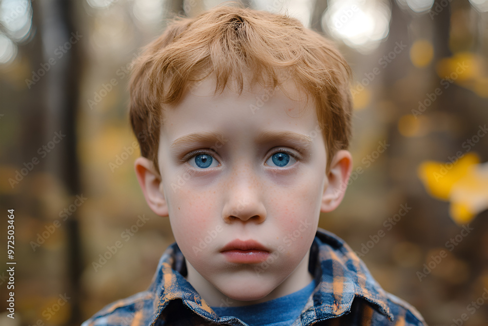 Portrait of serious red-haired boy with freckles against the blurred background of a forest at early spring. Unhappy ginger kid looking into camera outdoor. Sorrowful expression on male face of child Portrait of serious red-haired boy with freckles against the blurred background of a forest at early spring. Unhappy ginger kid looking into camera outdoor. Sorrowful expression on male face of child