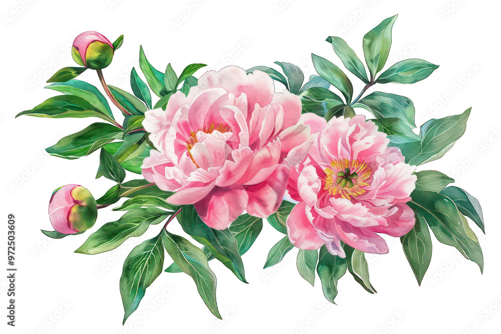 Watercolor Pink Peony Flowers with Leaves on Transparent Background PNG Watercolor Pink Peony Flowers with Leaves on Transparent Background PNG