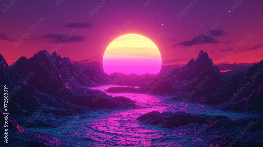 Fototapeta premium A retro, vaporwave-style sunset over a mountain range with a river flowing through it.
