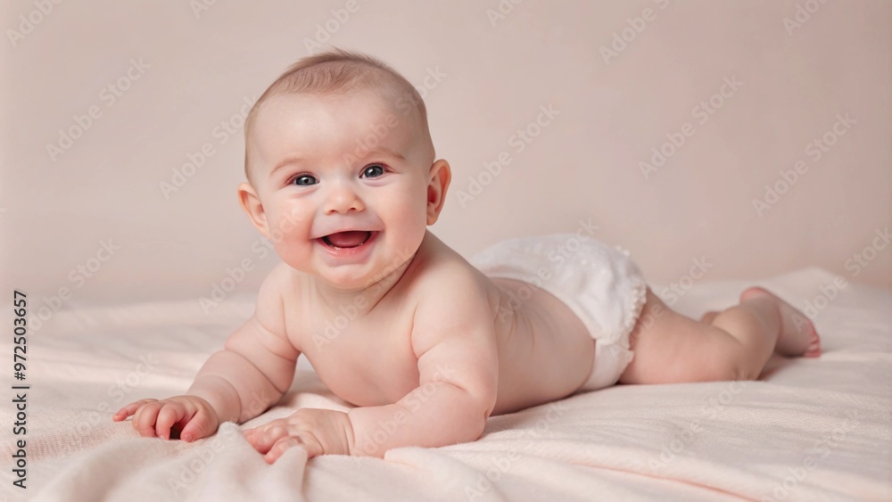 Adorable smiling baby in yellow clothing lying on a cozy bed, enjoying tummy time. Bright natural lighting from the window creates a warm, cheerful atmosphere. Perfect for family, parenting, and lifes Adorable smiling baby in yellow clothing lying on a cozy bed, enjoying tummy time. Bright natural lighting from the window creates a warm, cheerful atmosphere. Perfect for family, parenting, and lifes
