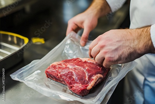 A chef carefully unsealing a vacuum-sealed piece of meat in a professional kitchen setting, highlighting culinary skills and techniques. photo