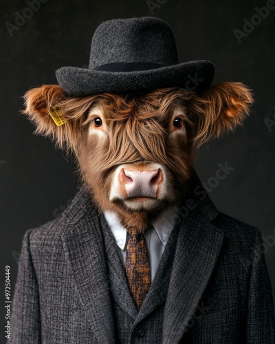 generative ai portrait of a Highland cattle cow dressed in clothes, in a suit, and wearing a stylish retro style fashion outfit photo