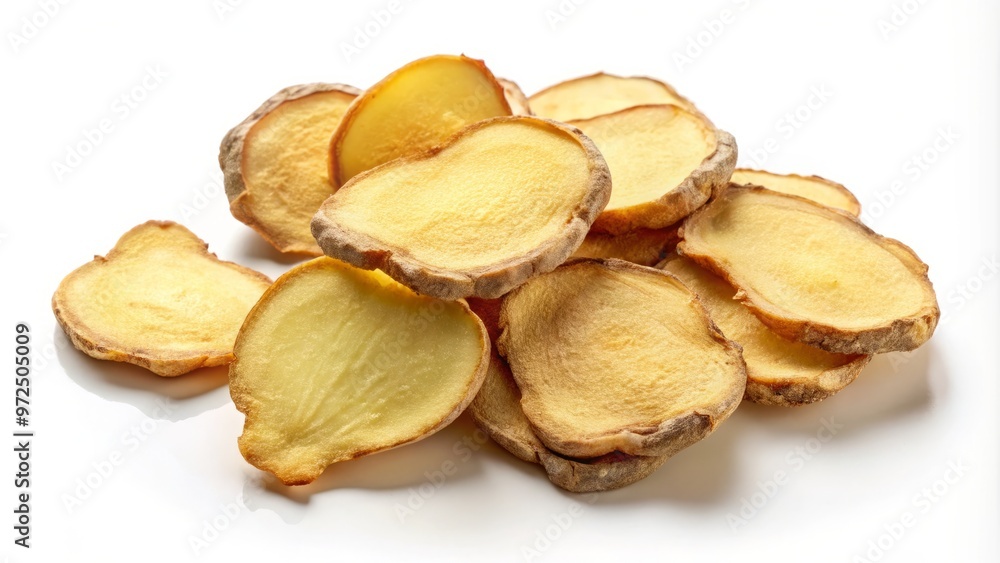 Dried ginger slices rest on a pristine white background, their gentle curves and ridges softly shaded to create Dried ginger slices rest on a pristine white background, their gentle curves and ridges softly shaded to create