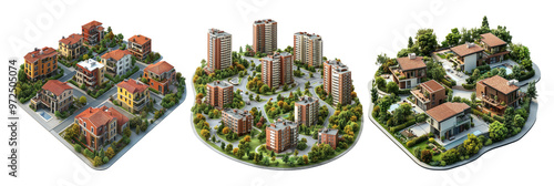 Miniature cityscape models of urban neighborhoods isolated on transparent background