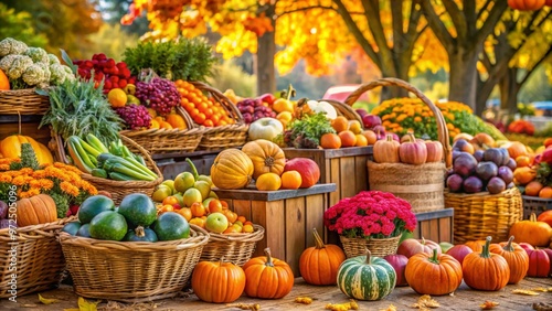 Vibrant display of fresh autumn harvest produce including pumpkins, apples, and vegetables in wicker baskets at a farmers market. A colorful and bountiful scene ideal for seasonal, food, and organic t