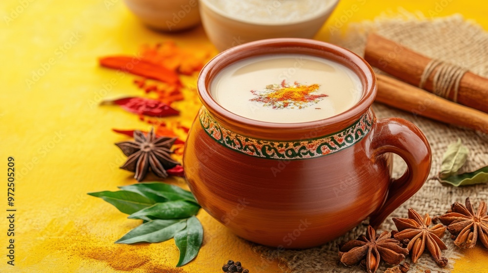 Authentic Indian Masala Chai Brewing in Traditional Pot Surrounded by Vibrant Spices Authentic Indian Masala Chai Brewing in Traditional Pot Surrounded by Vibrant Spices