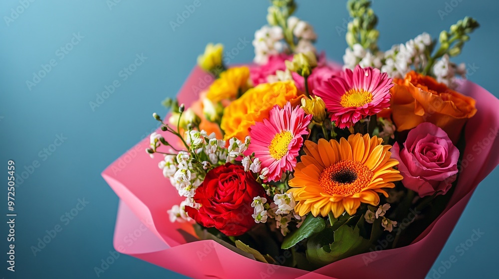 A vibrant bouquet of colorful flowers in pink wrapping, perfect for celebrations and gifts. A vibrant bouquet of colorful flowers in pink wrapping, perfect for celebrations and gifts.