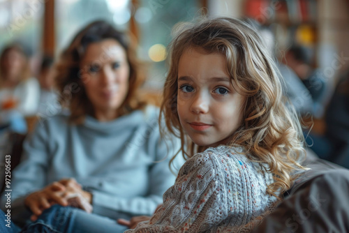Wallpaper Mural Young Girl with Wavy Hair Seated Indoors Next to Mother in Cozy Cafe Setting Torontodigital.ca