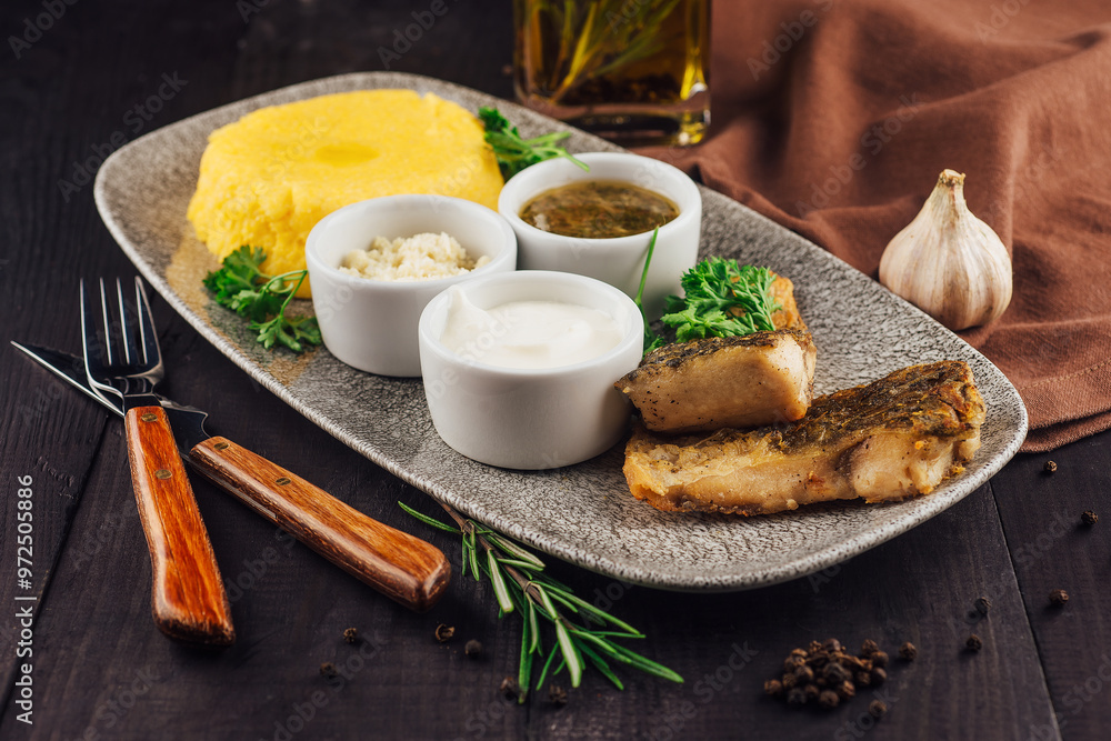 Fried fish fillet served on plate with polenta and sauces Fried fish fillet served on plate with polenta and sauces
