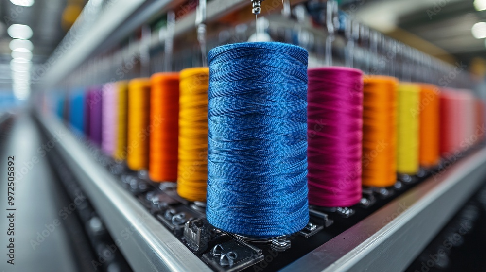 Colorful spools of thread neatly arranged in a factory, showcasing ...