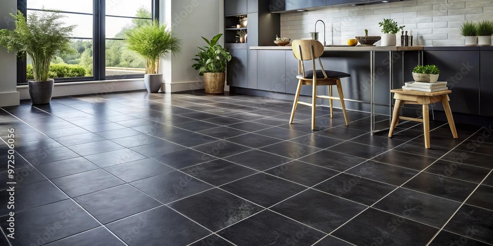 Elegant black ceramic tile flooring is elevated by textured grout lines that create a sophisticated visual Elegant black ceramic tile flooring is elevated by textured grout lines that create a sophisticated visual