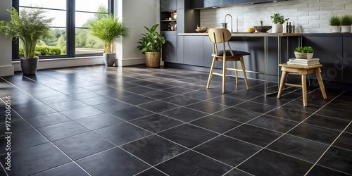 Elegant black ceramic tile flooring is elevated by textured grout lines that create a sophisticated visual