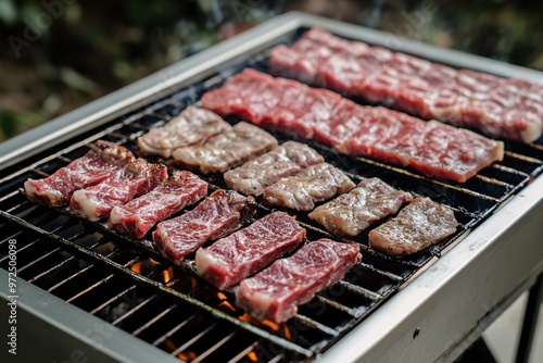 Delicious beef steaks grilling on a barbecue, showcasing the perfect sizzle and smoky flavors of outdoor cooking.