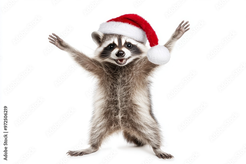 Stock illustration of a cute raccoon wearing a Santa hat dancing on a white background. Merry Christmas concept. Stock illustration of a cute raccoon wearing a Santa hat dancing on a white background. Merry Christmas concept.