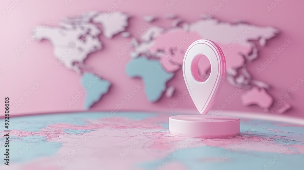 Obraz premium Stylish map pin marker on a vibrant world map, showcasing global connectivity and travel ideas for modern explorers.