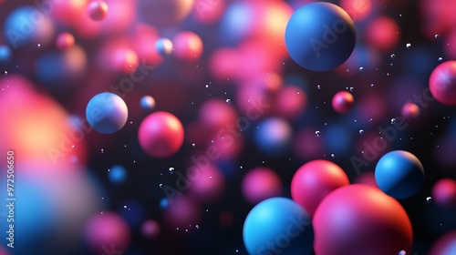 Abstract blue and red spheres floating in a dark background.