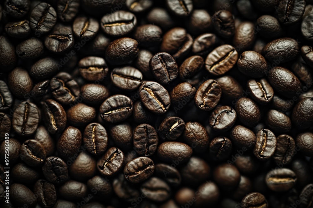 Fototapeta premium Close up pile of coffee beans with selective focus 