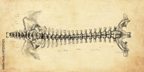 Vintage drawing of a human spine on parchment.