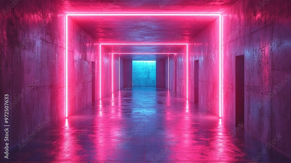 3d render abstract blue background pink neon light inside square tunnel portal inside modern minimal room performance stage empty corridor blank showcase podium with floor reflection 3d render abstract blue background pink neon light inside square tunnel portal inside modern minimal room performance stage empty corridor blank showcase podium with floor reflection