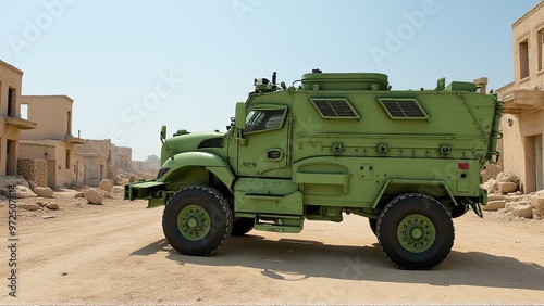 a green armored vehicle parked in the middle of a desert, surrounded by buildings and rocks. The sky is visible in the background.