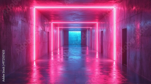 3d render abstract blue background pink neon light inside square tunnel portal inside modern minimal room performance stage empty corridor blank showcase podium with floor reflection