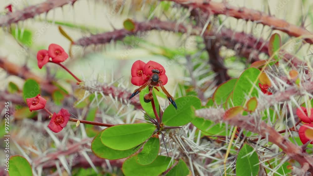 Rote Töpferwespe (Delta dimidiatipenne) sitzt auf eine Blüte Rote Töpferwespe (Delta dimidiatipenne) sitzt auf eine Blüte