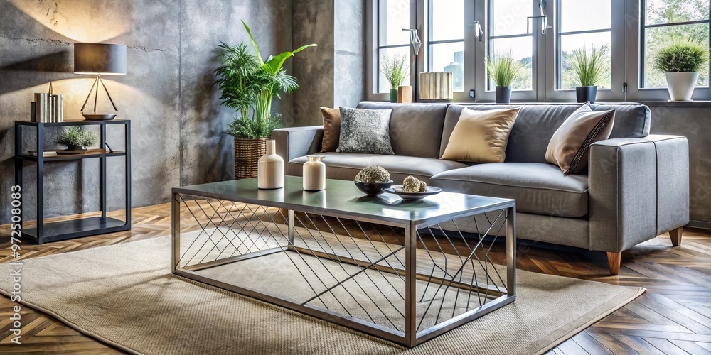 Exposed metal pipes and wooden accents blend harmoniously in a contemporary living room, generating an edgy Exposed metal pipes and wooden accents blend harmoniously in a contemporary living room, generating an edgy
