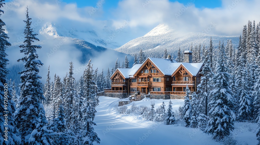 A wooden cabin nestled in a snowy forest with mountain peaks in the background. A wooden cabin nestled in a snowy forest with mountain peaks in the background.