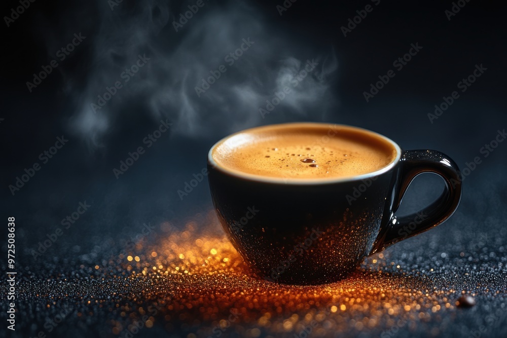 espresso shot in black ceramic cup with steam on black background. espresso shot in black ceramic cup with steam on black background.