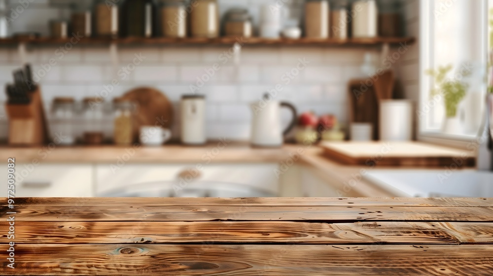 Wooden table on blurred kitchen background Wooden table on blurred kitchen background