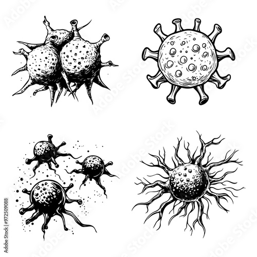 Various Microscopic Virus Illustrations Black and White Medical Infection Vector Designs