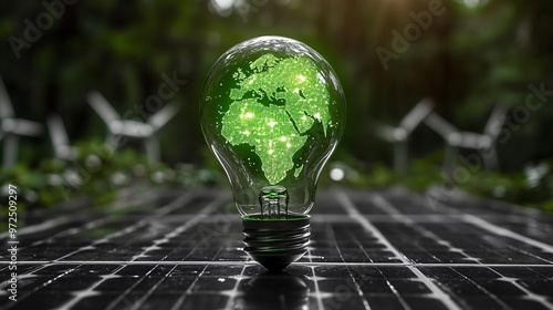 A glowing light bulb with a green map of Africa symbolizes renewable energy and sustainability innovations in nature.