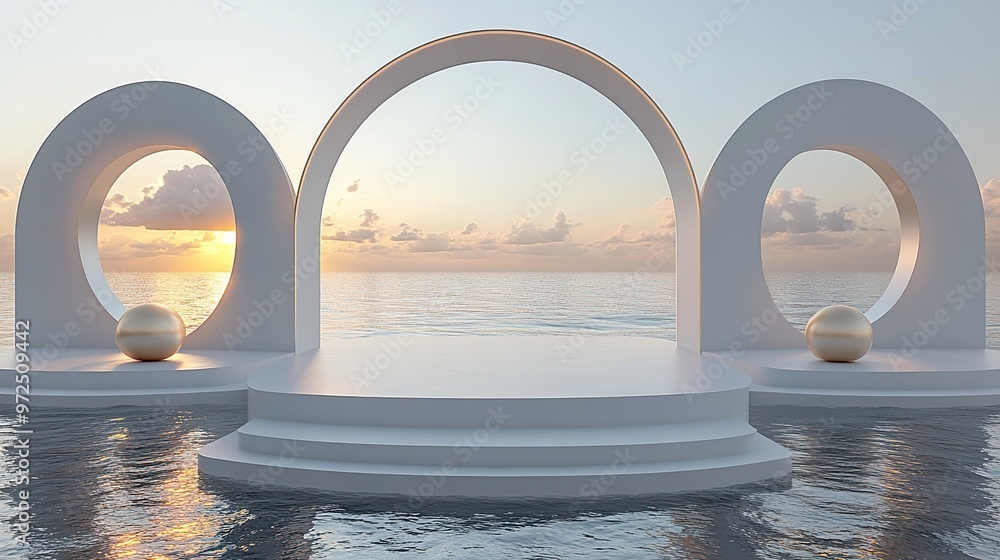3d render abstract geometric background simple showcase scene white hemispheres balls golden round frames liqui3d floor reflection in the water podium pedestal platform for product presentation 3d render abstract geometric background simple showcase scene white hemispheres balls golden round frames liqui3d floor reflection in the water podium pedestal platform for product presentation