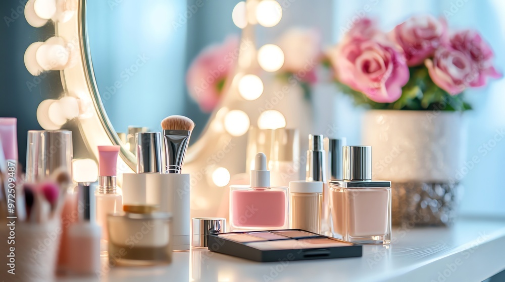 Fototapeta premium A makeup vanity with a variety of beauty products, brushes, and a mirror with lights.