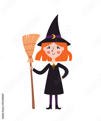 Cute children character. Little witch with on a broom in her hand. Halloween fairy tale vector illustration