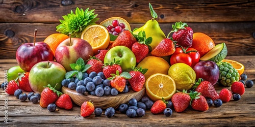 Fresh, ripe fruits adorn a rustic wooden table in a vibrant display, their colors mingling in a feast