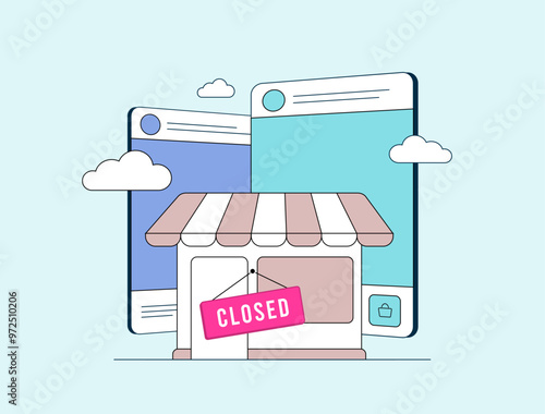 Offline to Online - O2O e-commerce business concept illustration. On the smartphone screen, image of the offline store building, as a metaphor for moving a business from offline to online