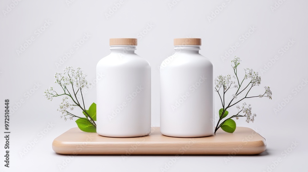 White Bottles with Wooden Caps on Wooden Platform with Flowers White Bottles with Wooden Caps on Wooden Platform with Flowers