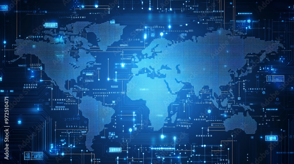 Abstract digital graphic world map with glowing contour line on dark background, digital world map with code