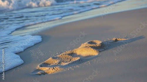 Footprints in Sand on Beach at Sunset with Waves Washing onto Shore photo