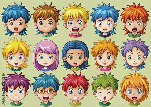 Colorful cartoon personalities with spiky, bobbed, and pixie-cut hairstyles showcase unique styles and expressive photo