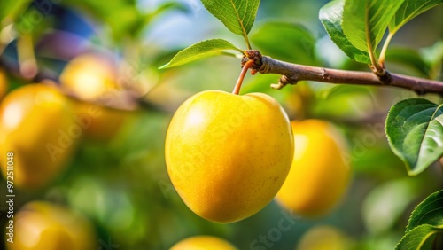 Fresh yellow plum glows with a subtle bloom, its tender skin radiant and inviting, resting on a sturdy