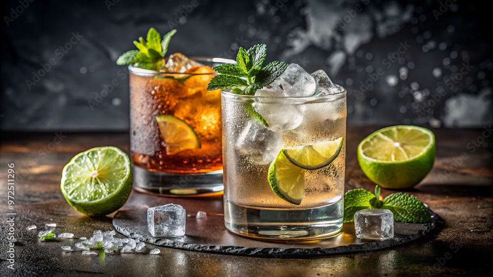 Frosted glass overflowing with bubbly carbonated beverage sitting adjacent to a rocks glass overflowing with ice, Frosted glass overflowing with bubbly carbonated beverage sitting adjacent to a rocks glass overflowing with ice,