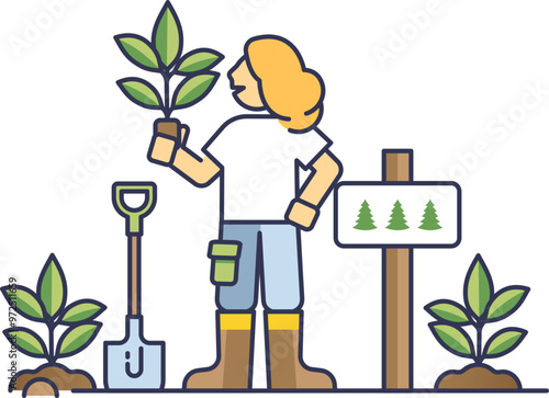 Illustration of a woman planting trees, symbolizing environmental care and reforestation.