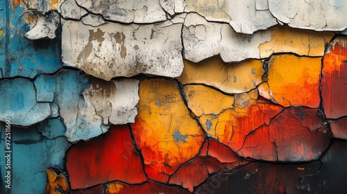 A vibrant, textured close-up of peeling paint revealing an array of colors from blue to orange and white, showcasing natural wear. photo