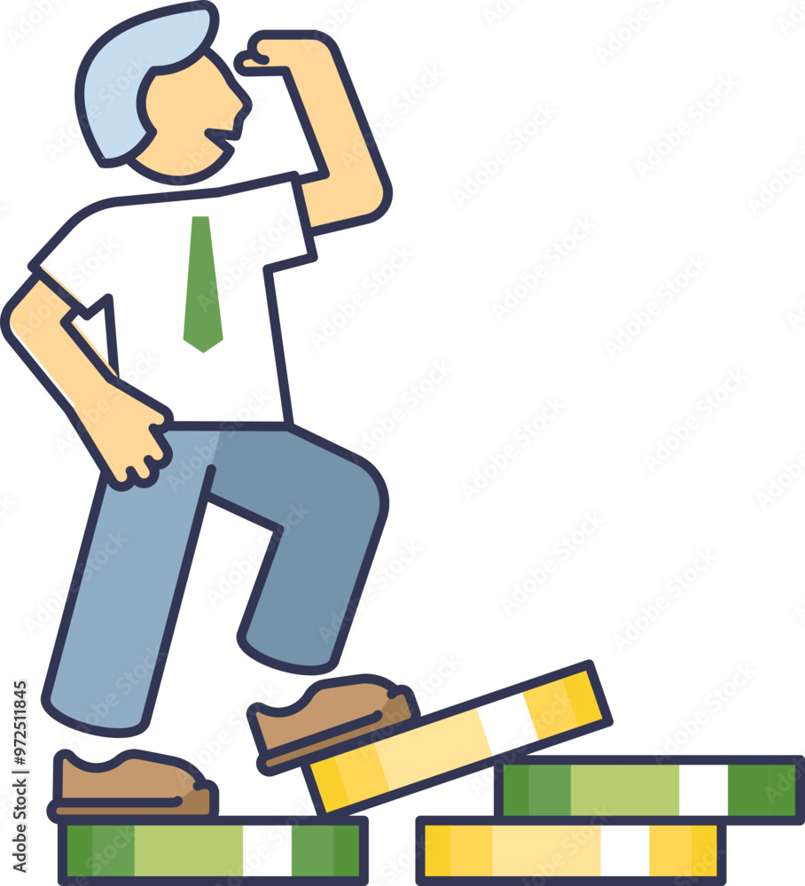 Cartoon of a businessperson on coins looking ahead, symbolizing financial foresight and growth. Cartoon of a businessperson on coins looking ahead, symbolizing financial foresight and growth.